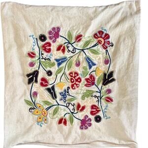 Pottery Barn Throw Pillow Sham Case Cream Linen Blend Square Floral Zipper 16"
